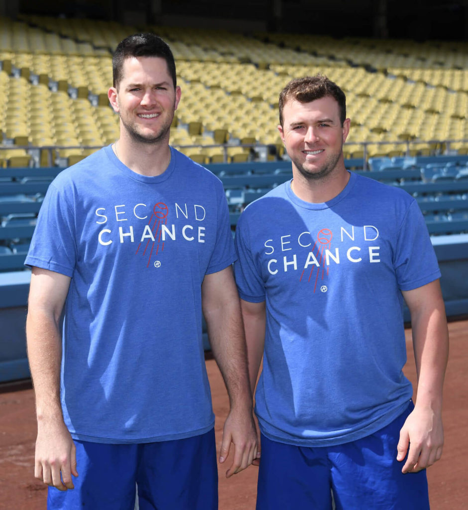 Los Angeles Dodgers teammates Kyle Farmer and Alex Wood posing in their 