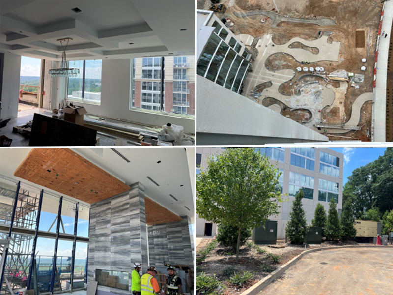 Collage of construction site progress: Top-left shows a partially finished interior. Top-right is an aerial view of the outdoor area under development. Bottom images show workers and landscaping efforts.