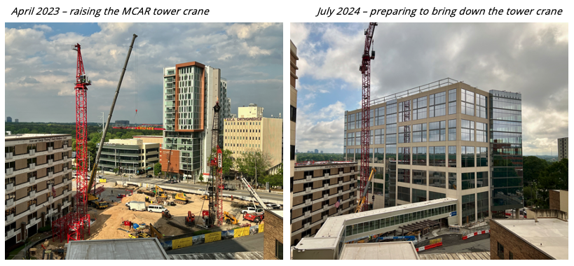 (left to right) View of a large red tower crane next to an empty dirt-filled construction site. View of a large red tower crane next to the fully constructed Marcus Center for Advanced Rehabilitation.