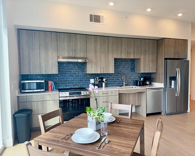 The kitchen in a unit in the Arthur M. Blank Family Residencies building.